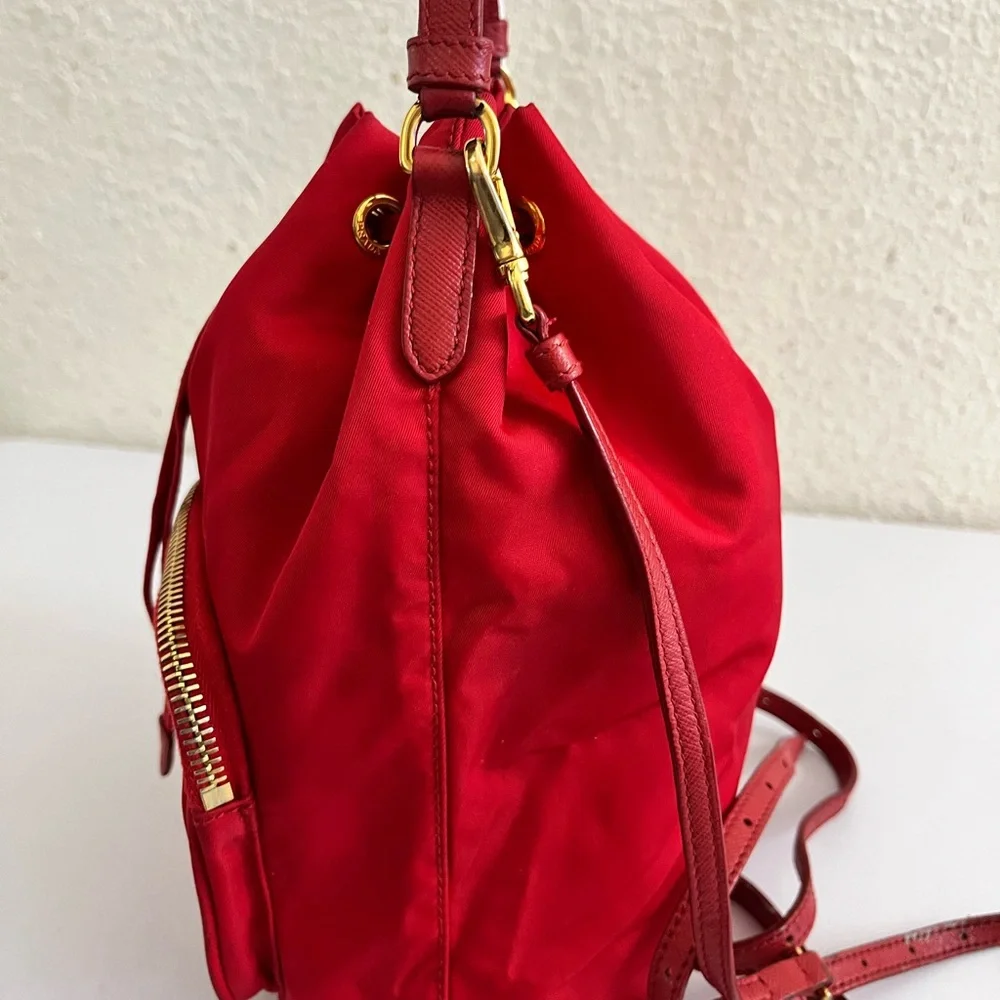 Prada Red Nylon Drawstring Crossbody Bucket Bag with Gold Hardware - Picture 14 of 16